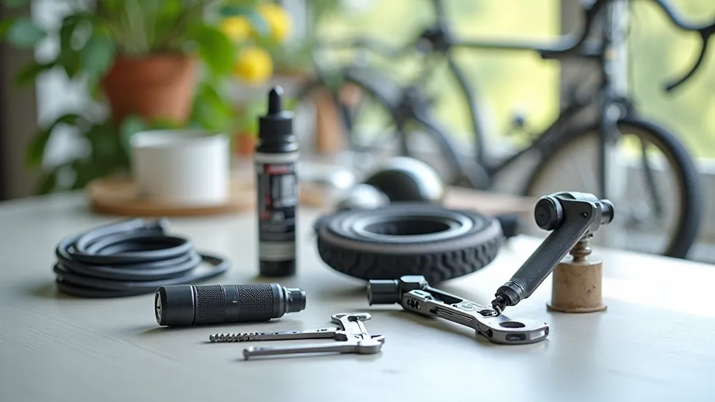 Close-up of bike maintenance tools and repair kit organized in small pouch, ready for half-day tour