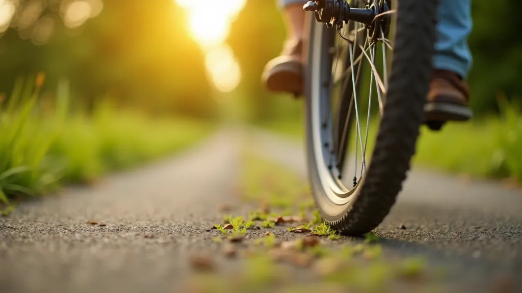 Close-up of bike wheel and tire on rural path, showing tread pattern and width, outdoor lighting, sharp focus