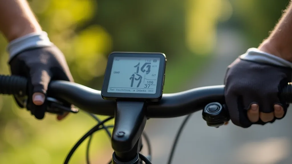 Cyclist checking distance on bicycle computer mounted on handlebars, close-up detail shot with blurred background, outdoor setting