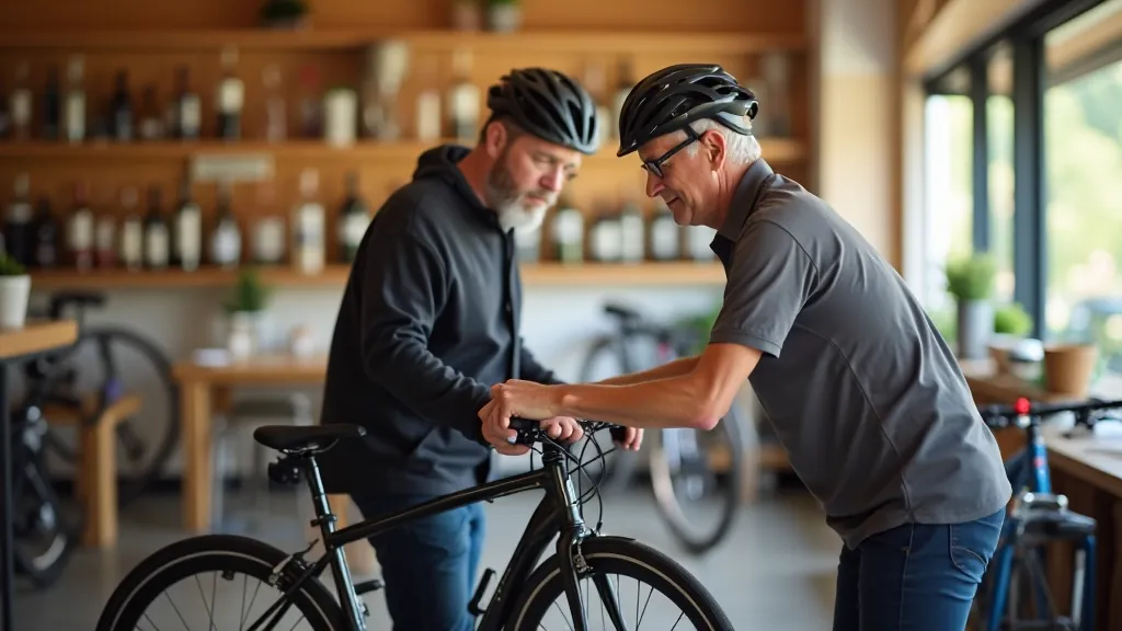 Cyclist adjusting seat height on bicycle at cycling shop