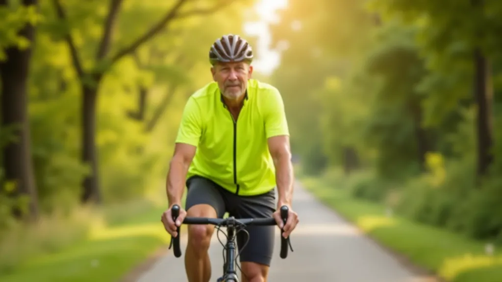 Cyclist in bright yellow safety vest riding on tree-lined rural country road with morning light