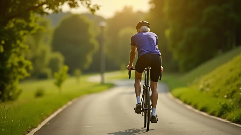 Cyclist building fitness with structured training ride, progressive distance, outdoor path, determined focus