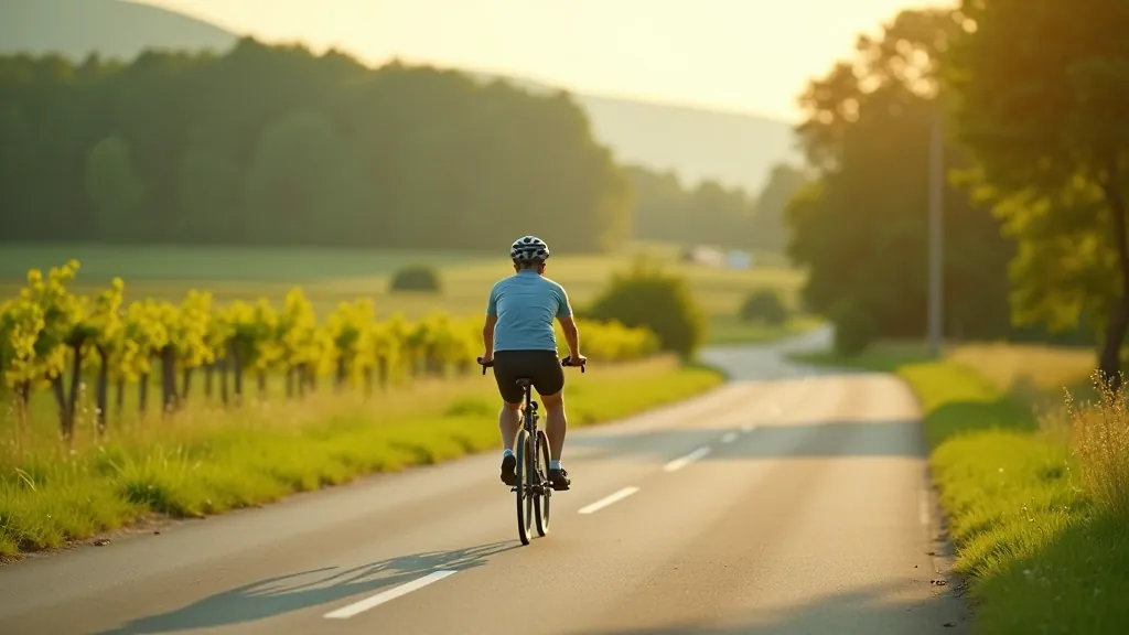 Cyclist on quiet rural country road with safety gear, helmet visible, peaceful landscape, daytime
