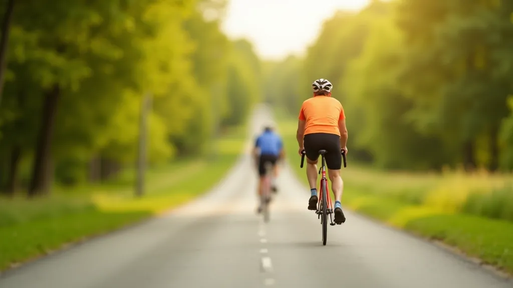 Cyclist pedaling uphill on country road with determination and steady pace