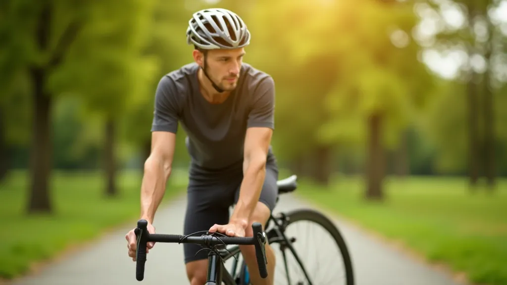 Cyclist stretching hamstrings after ride in outdoor scenic location, demonstrating proper post-ride recovery technique