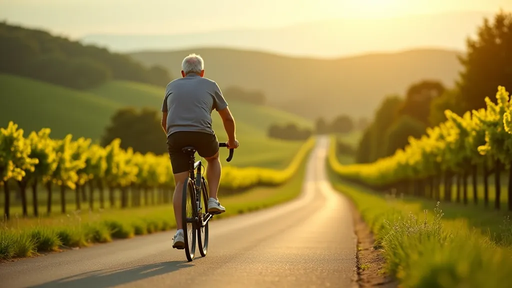Scenic cycling path through rolling Moravian vineyard hills with green grapevines on both sides, morning light