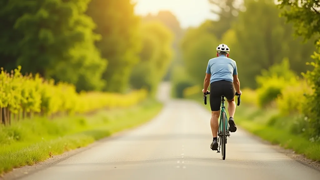 Cyclist riding on rural country road with clear visibility and safety equipment