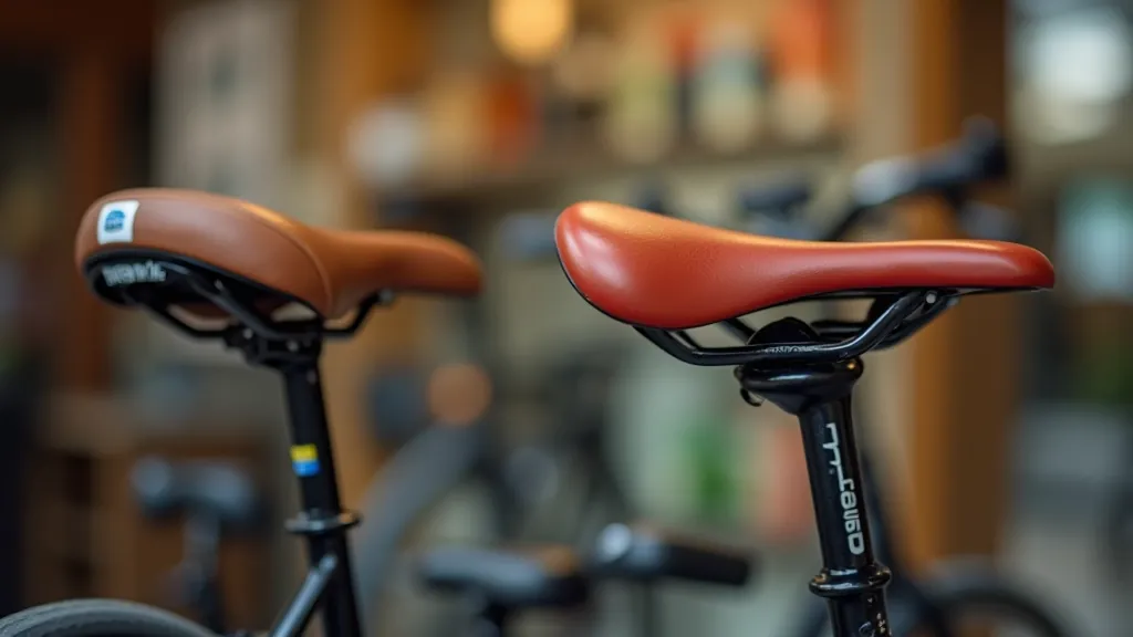Different bike saddle types displayed side by side, comfort cruiser saddle in focus, bike shop display, soft lighting
