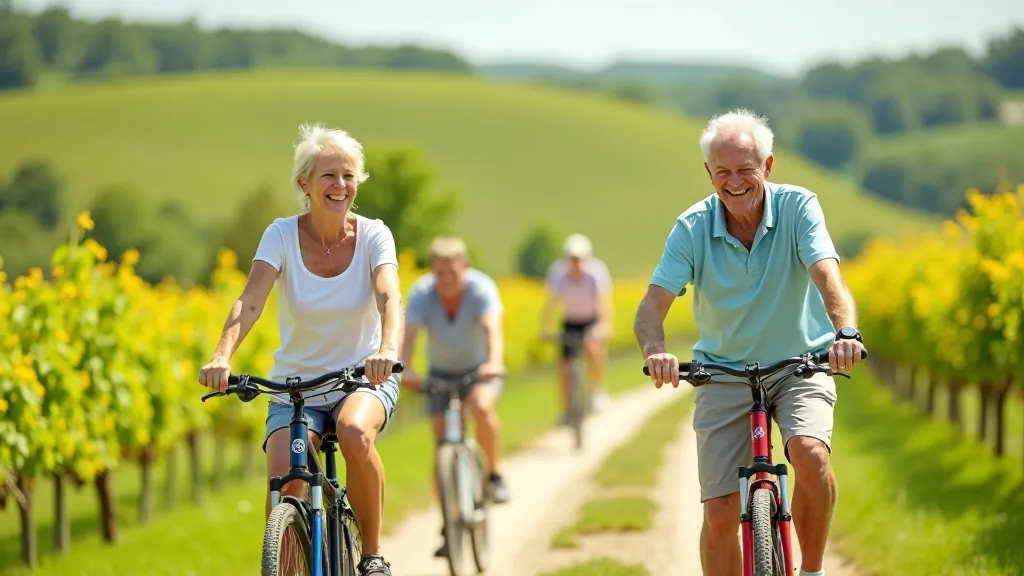 Group of seniors enjoying a cycling break in the Moravian wine region