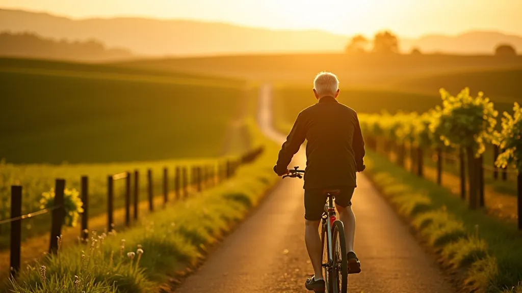 Scenic Moravian wine region landscape with rolling vineyards and a peaceful cycling trail winding through the countryside
