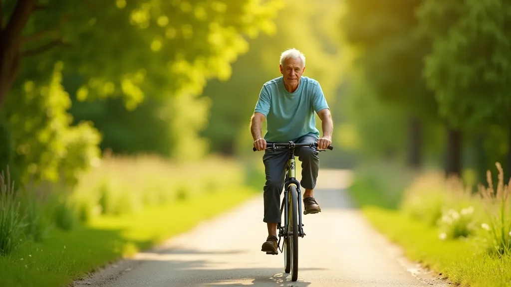Older adult cyclist on a comfortable hybrid bike riding on a quiet paved path, relaxed posture, sunny day, clear visibility