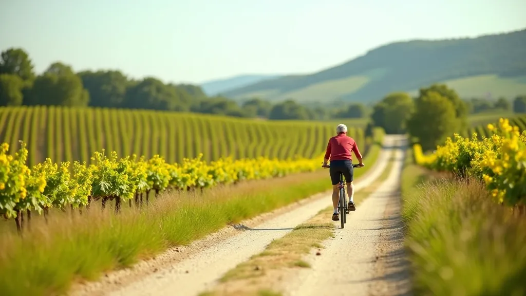 Scenic wine region cycling route with vineyard hills in background, cyclist enjoying countryside, sunny day