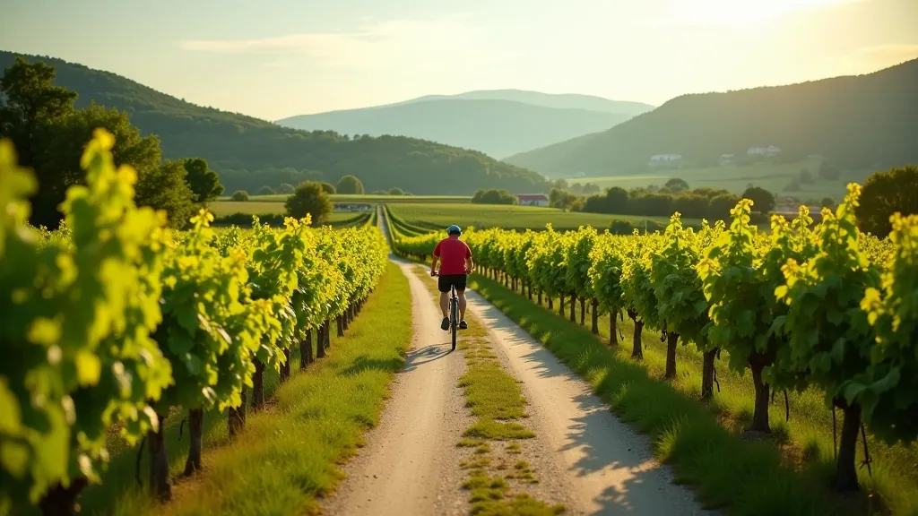 Scenic wine region landscape with cycling path winding through vineyards, perfect for leisurely rides