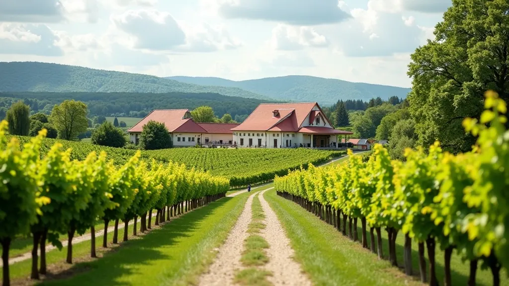 Scenic winery building with vineyards rolling hills in Moravian wine region