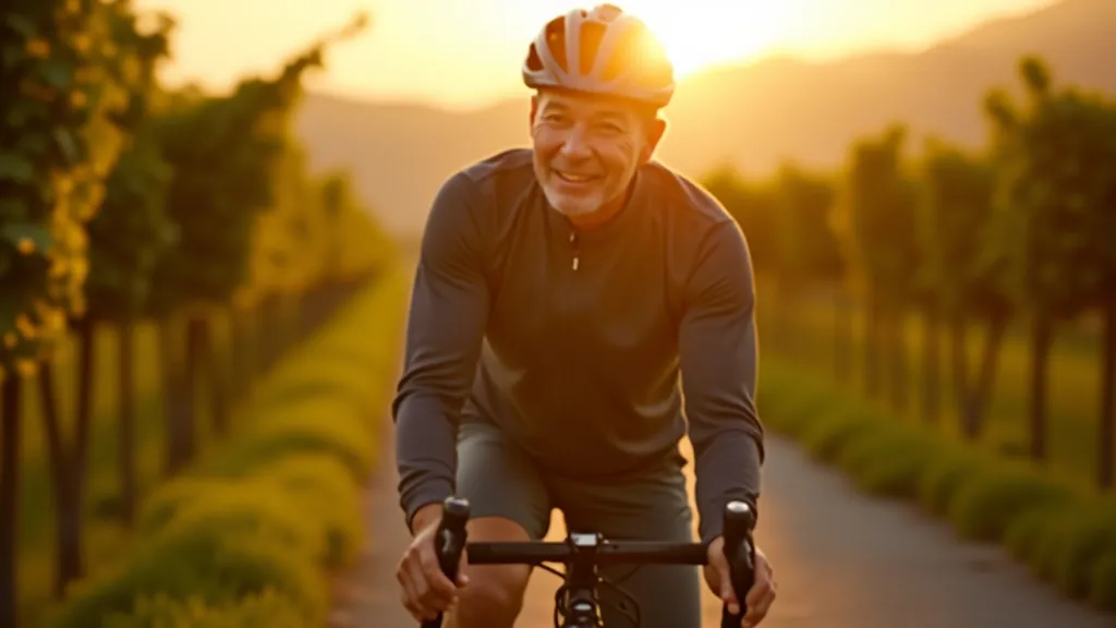 Senior cyclist enjoying a gentle wine region bike path in Moravia with rolling vineyard hills in the background