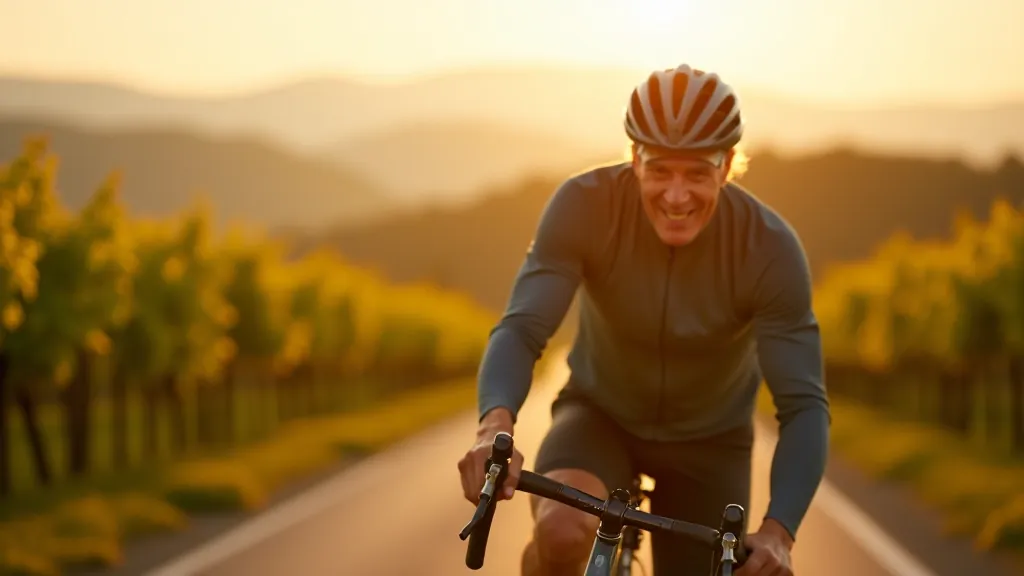 Senior cyclist riding peacefully on scenic Moravian wine region path with rolling vineyards in background, clear sunny day, sharp focus