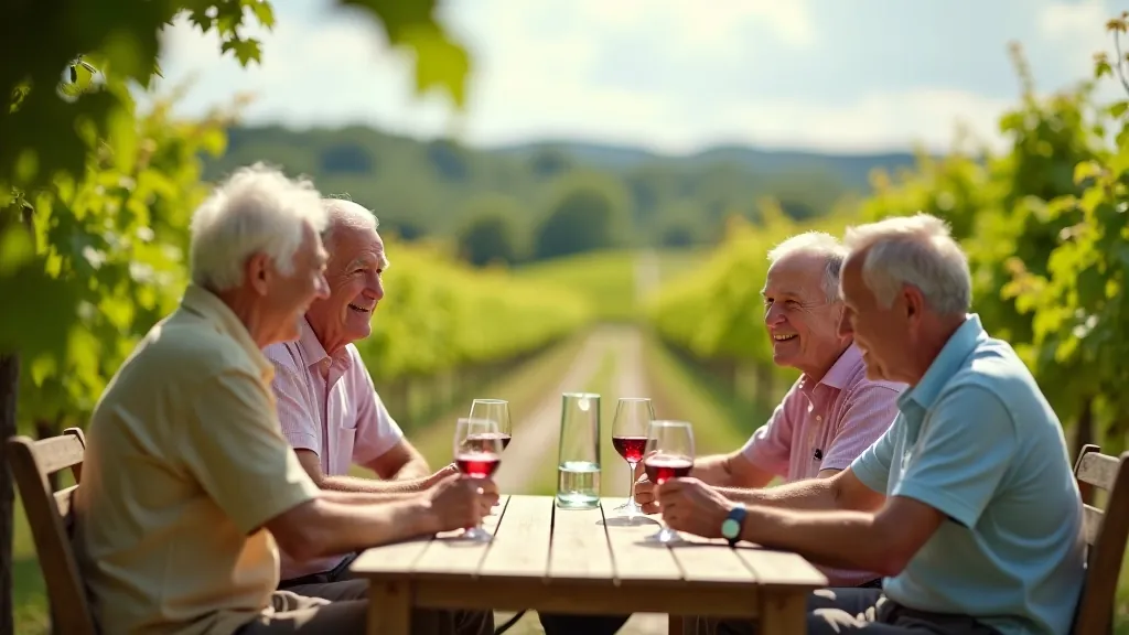 Friendly cycling group enjoying a break at a vineyard
