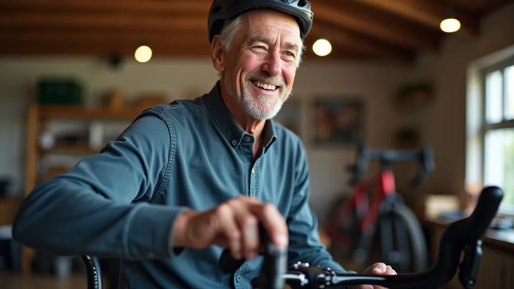 Smiling older adult cyclist adjusting bike seat position in a bike shop, professional fitting service, bright interior lighting