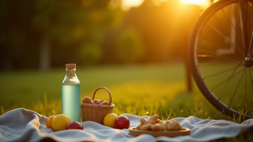 Water bottle and energy snacks arranged on cycling jersey, outdoor picnic setting with bicycle visible