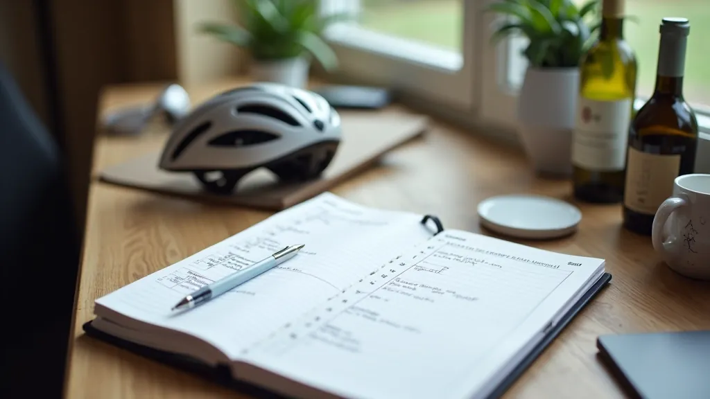 Weekly training calendar with cycling workouts marked on calendar pages, notebook with pen, flat lay composition